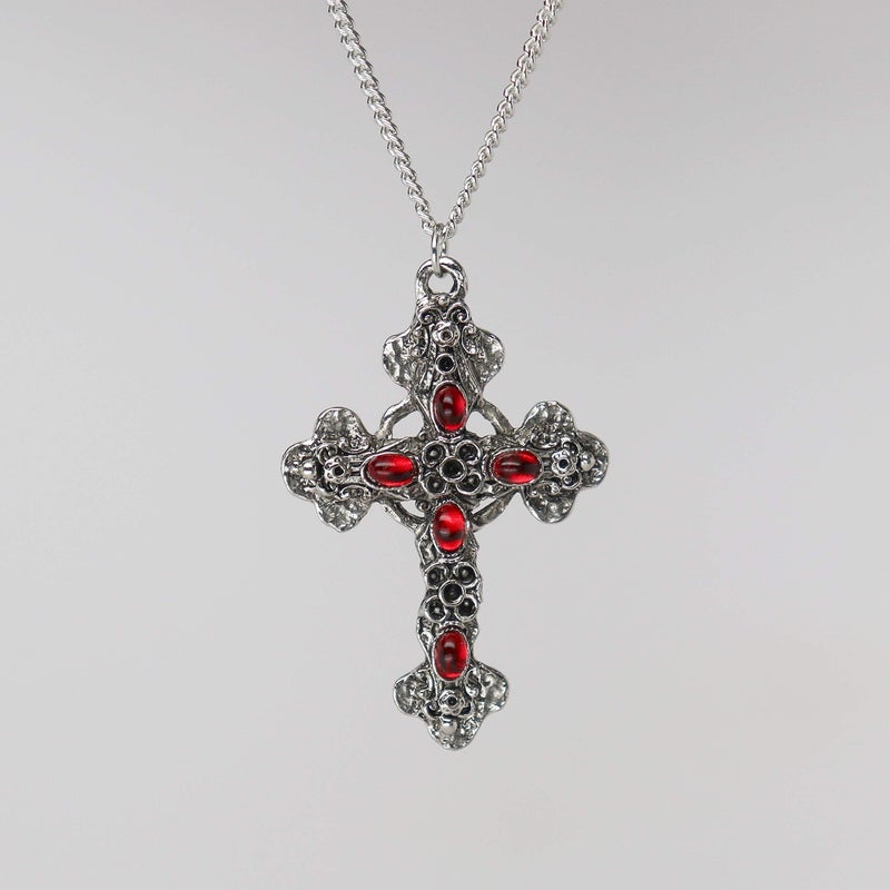 Real Metal Gothic Filigree Cross with Red Stones Medieval Renaissance Pewter Pendant Necklace - Image 5